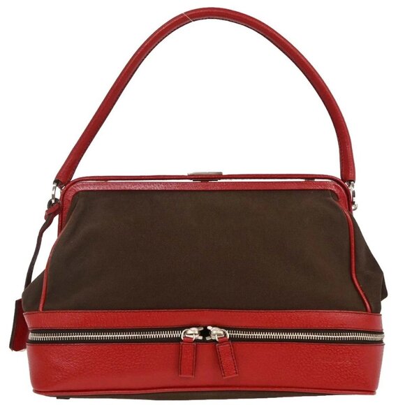Prada Handbags - Prada Brown Red Canvas Leather Handbag 117 AQ00325